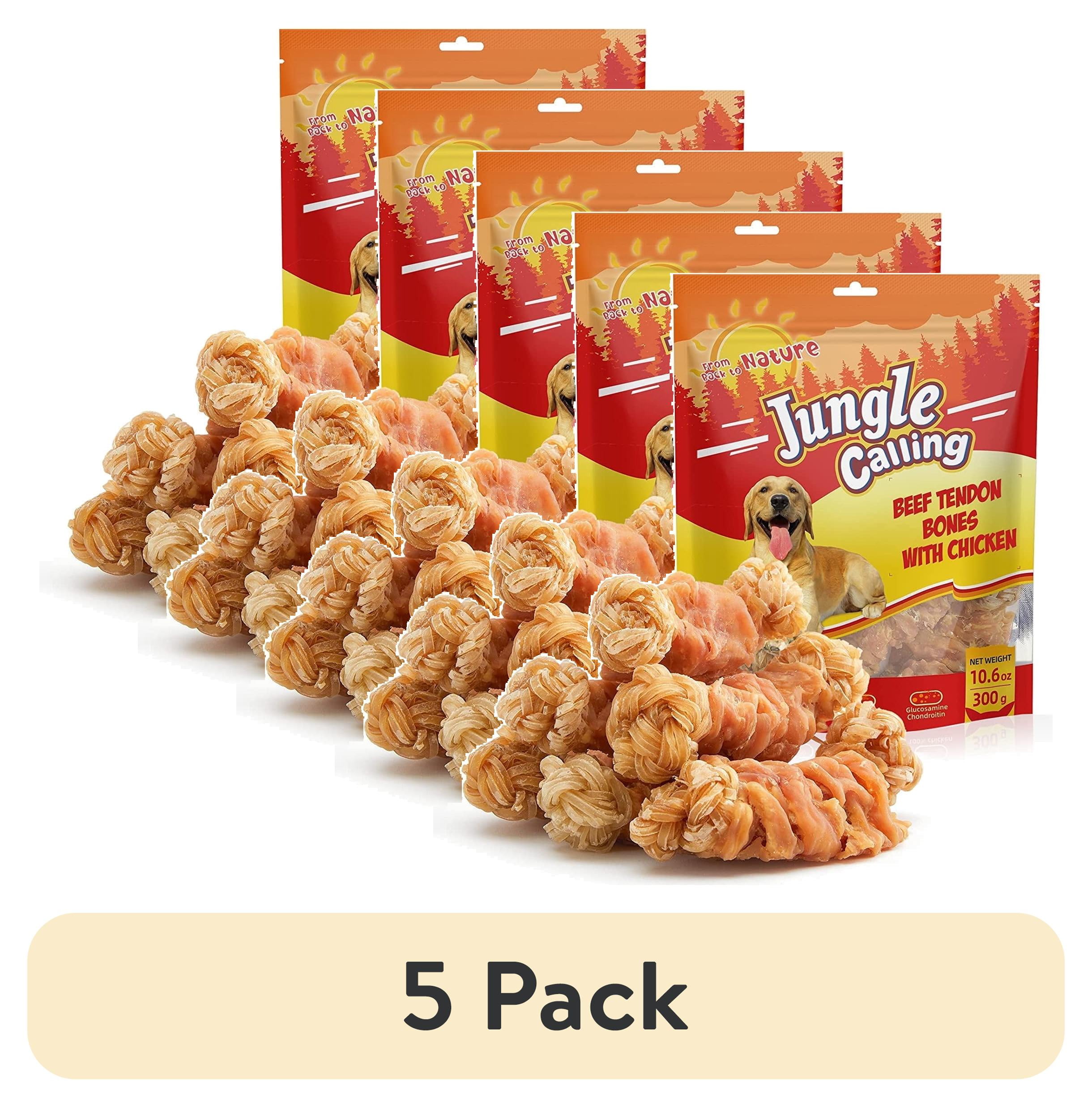 (5 pack) Jungle Calling Beef Tendons for Dogs, Chicken Wrapped Tendons Dog Chews Long Lasting Hip and Joint Supplement for Dogs with Glucosamine (Knotted Bone)