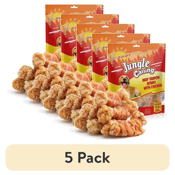 (5 pack) Jungle Calling Beef Tendons for Dogs, Chicken Wrapped Tendons Dog Chews Long Lasting Hip and Joint Supplement for Dogs with Glucosamine (Knotted Bone)