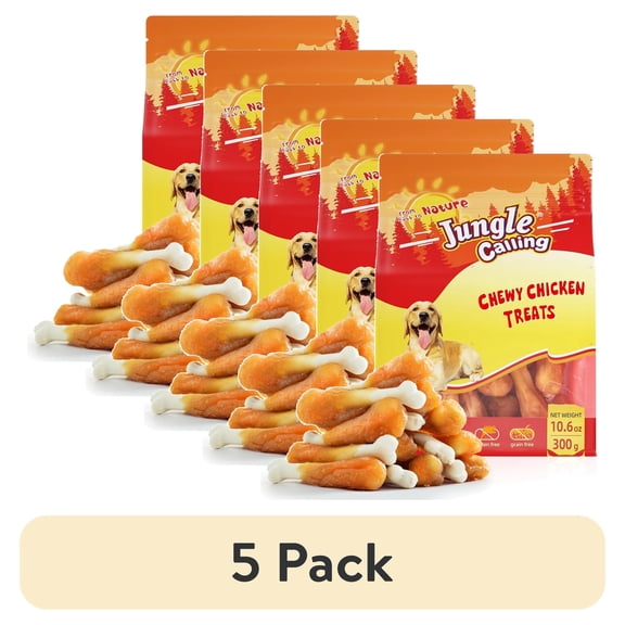 (5 pack) Jungle Calling Chewy Chicken Dog Treats Rawhide Free Real Chicken Calcium Bone, Teeth Clean Breath Fresh Dog Training Treats