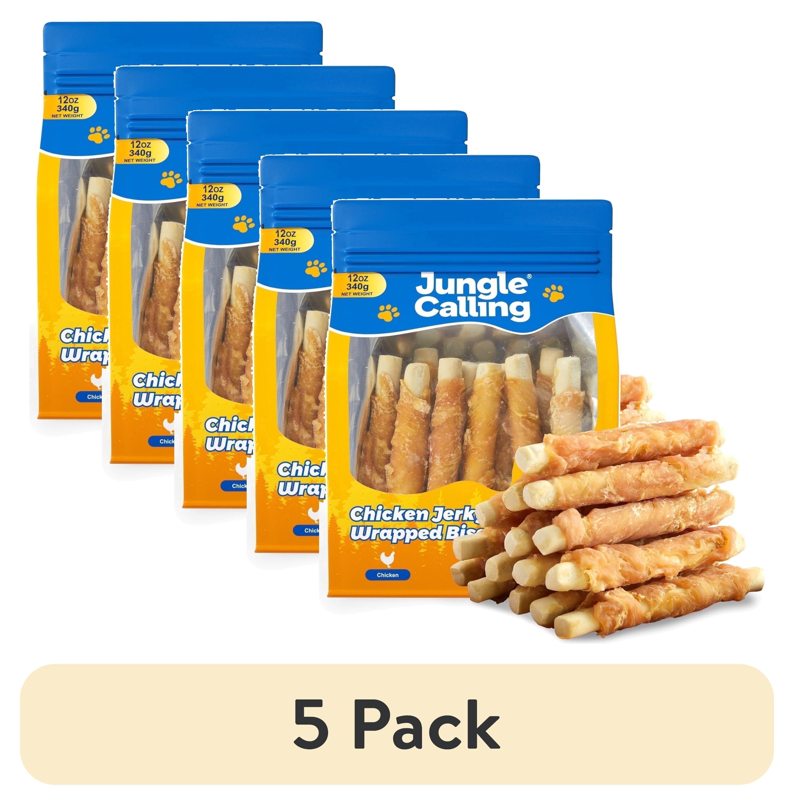 (5 pack) Jungle Calling Dog Treats, Chicken Wrapped Biscuits for All Dogs, Rawhide Free Soft Chewy Treats, 12 oz