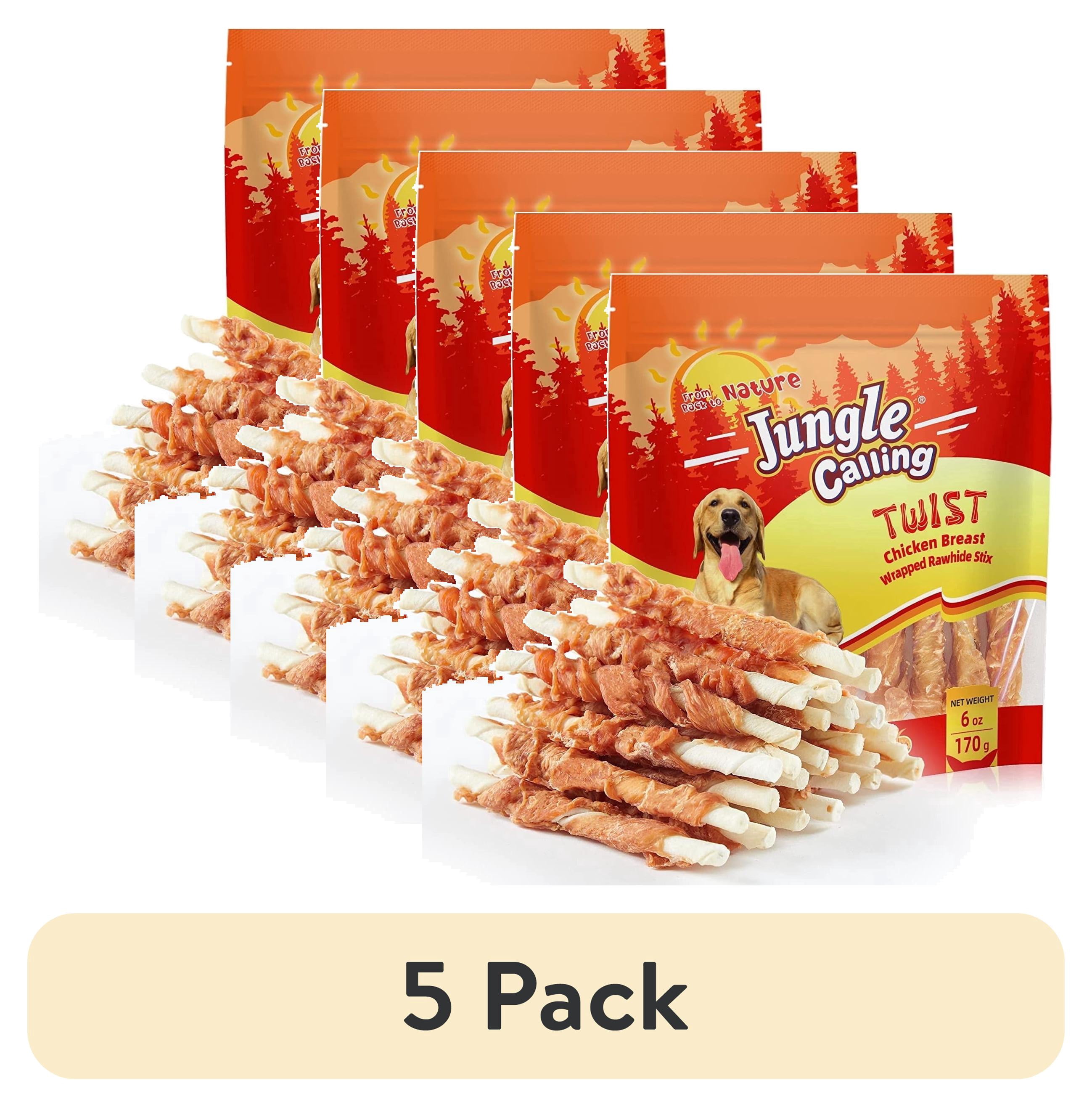 (5 pack) Jungle Calling Dog Treats, Chicken Wrapped Rawhide Sticks for Dogs, Delicious and Nutritious Training Reward Treats and Dog Chews Snacks, 6 oz