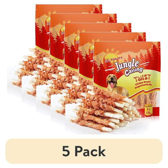 (5 pack) Jungle Calling Dog Treats, Chicken Wrapped Rawhide Sticks for Dogs, Delicious and Nutritious Training Reward Treats and Dog Chews Snacks, 6 oz