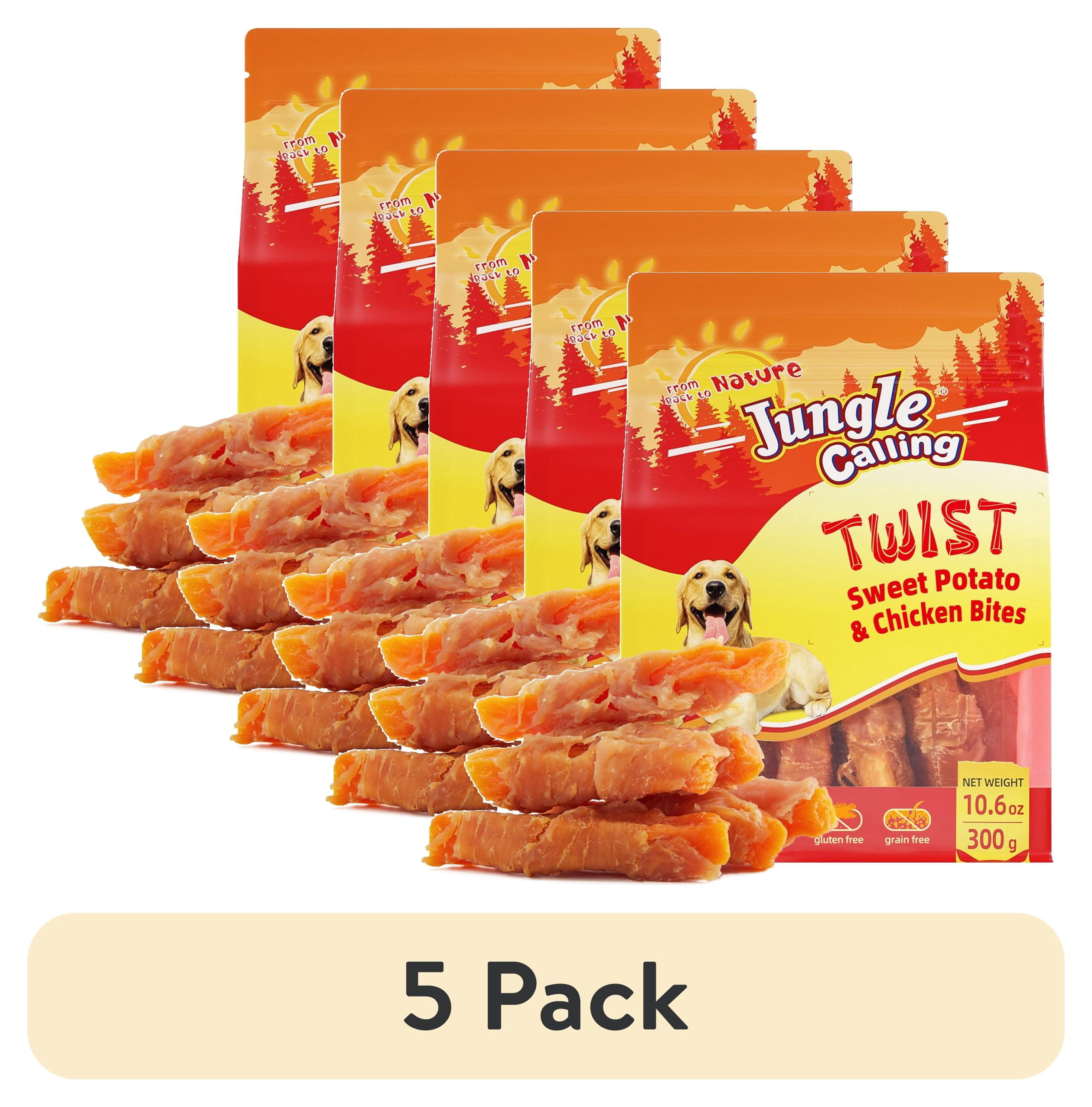 (5 pack) Jungle Calling Dog Treats, Chicken Wrapped Sweet Potato, Gluten and Grain Free, Chewy Dog Bites for Balanced Nutrition, 10.6 oz