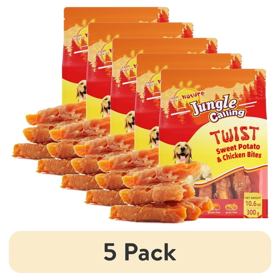 (5 pack) Jungle Calling Dog Treats, Chicken Wrapped Sweet Potato, Gluten and Grain Free, Chewy Dog Bites for Balanced Nutrition, 10.6 oz