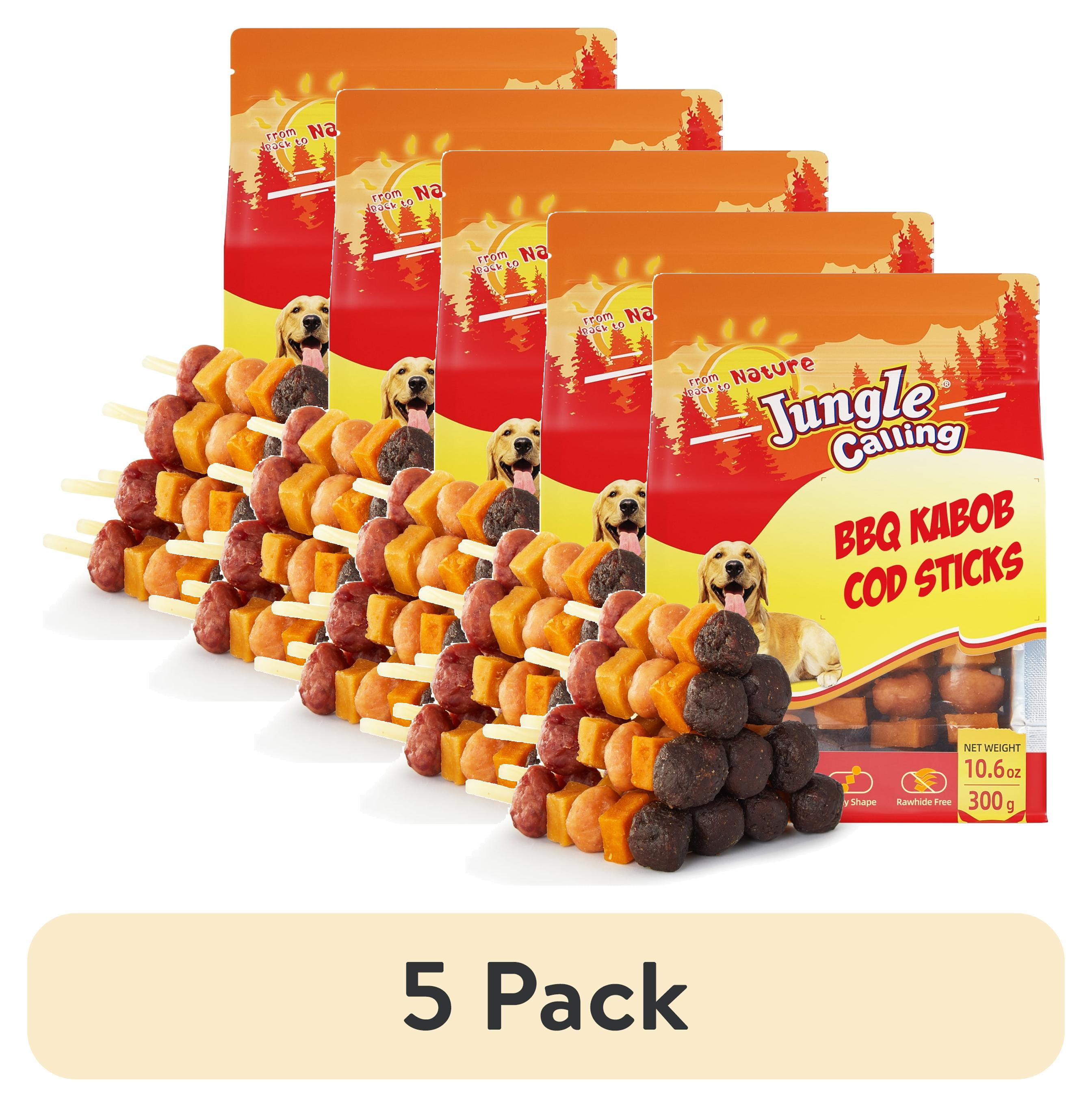 (5 pack) Jungle Calling Dog Treats, Cod Sticks, Sweet Potato, Pumpkin & Meat Kabobs for Dogs