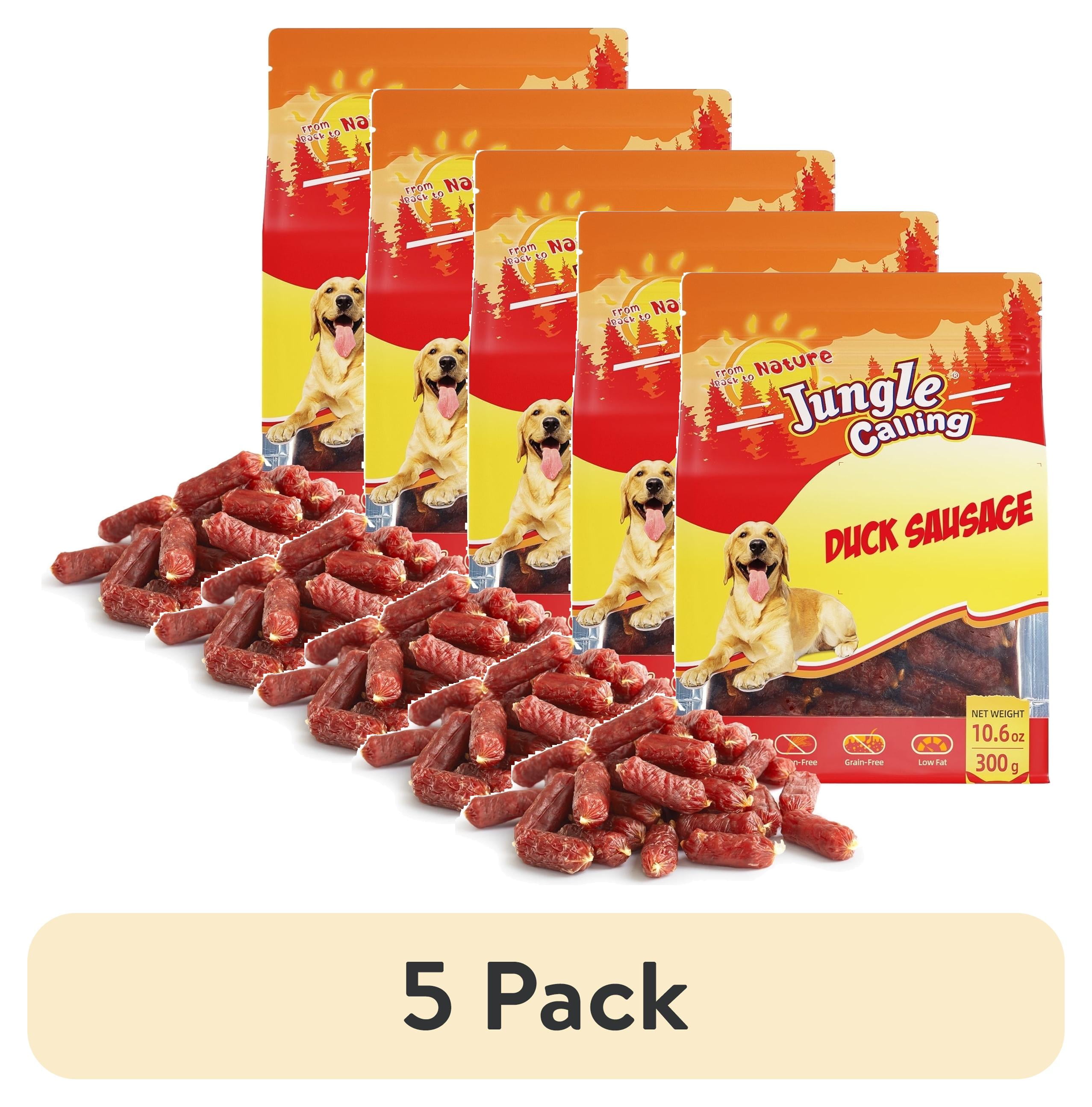 (5 pack) Jungle Calling Duck Sausage Dog Treats, Single Ingredient Duck Jerky for Small & Medium Dogs, 10.6 oz