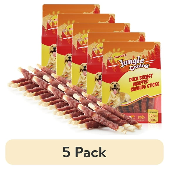 (5 pack) Jungle Calling Dog Treats Duck Wrapped Rawhide Sticks Grain-Free Natural Chewy Treats Puppy Snacks
