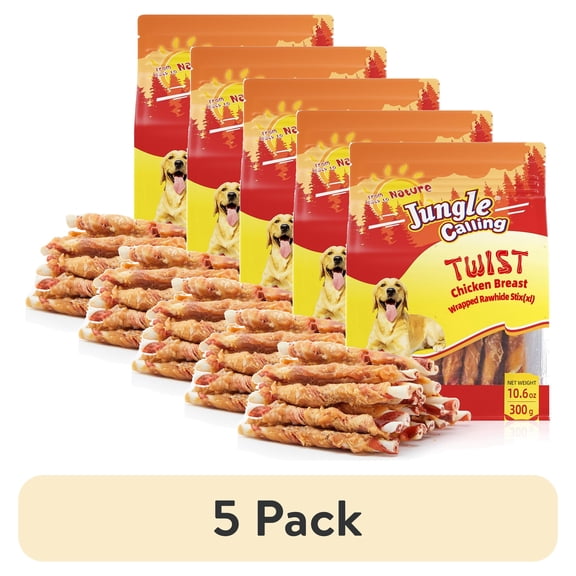 (5 pack) Jungle Calling Dog Treats, Rawhide Chicken Sticks, Chicken Flavor, Rawhide Chews for All Dogs