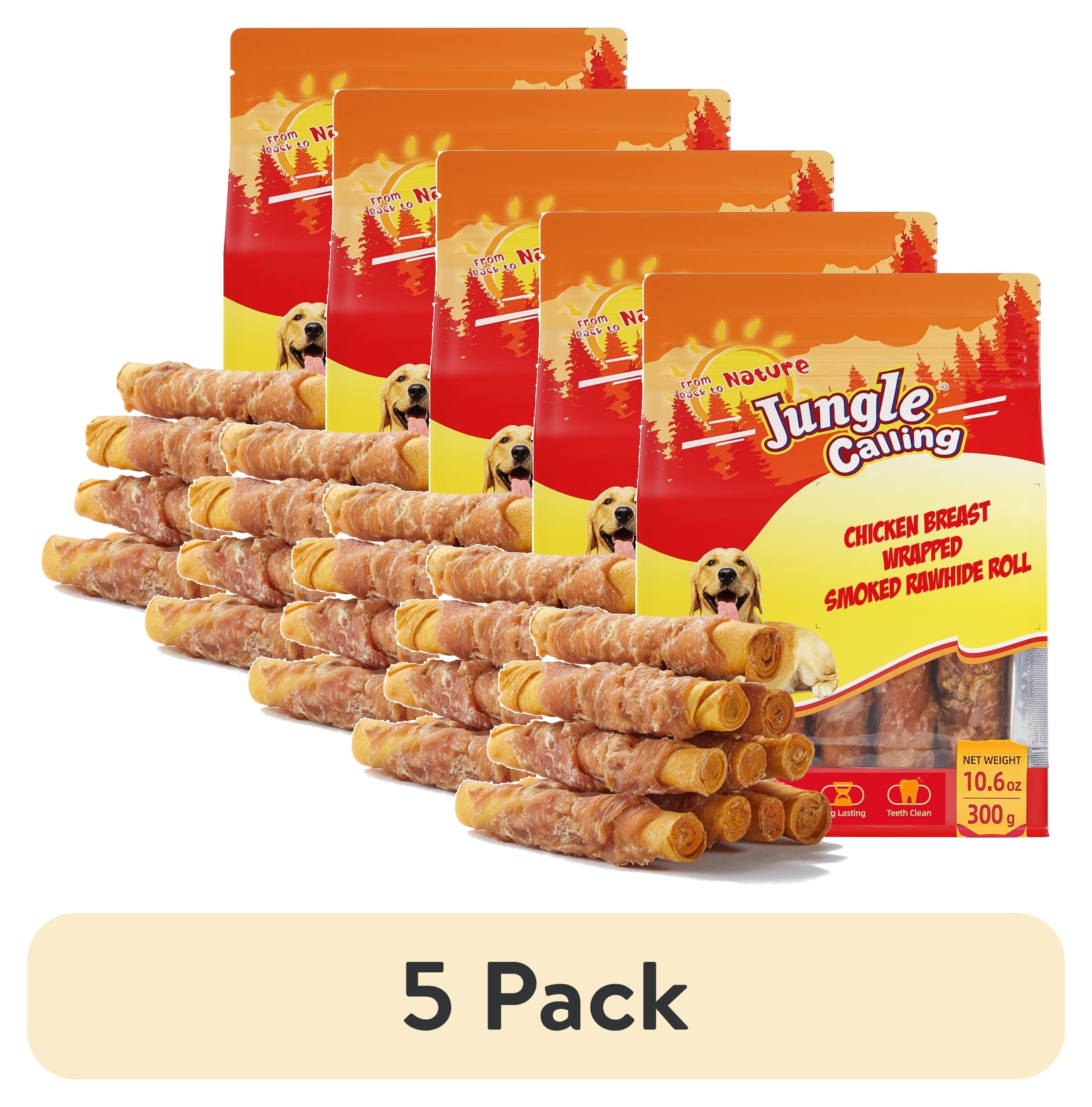 (5 pack) Jungle Calling Dog Treats Smoked Chicken Wrapped Rawhide Rolls, High Protein Dog Chews, Rawhide Chews for Medium and Large Dogs