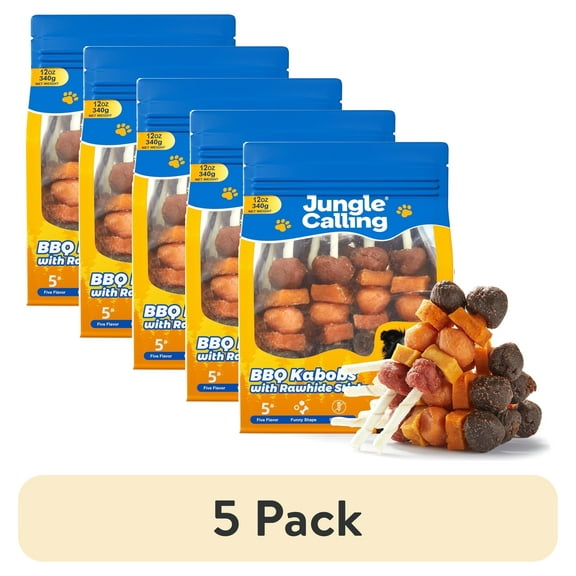 (5 pack) Jungle Calling Dog Treats, Snacks BBQ Kabobs, Chicken,Duck, Beef, Sweet Potato & Pumpkin,Rawhide Sticks 12 oz