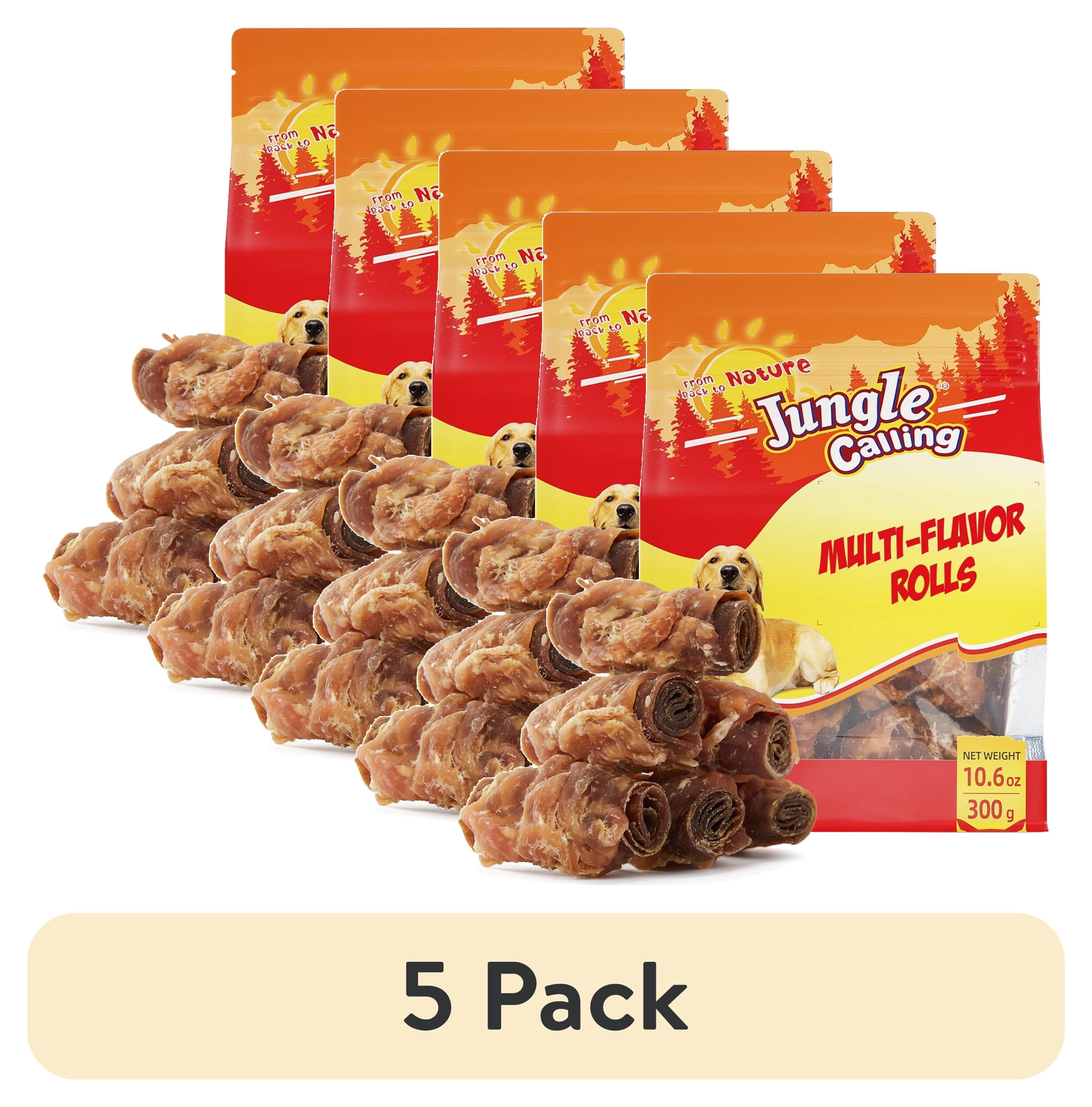 (5 pack) Jungle Calling Multi Flavor Rolls Dog Treats, Peanut Butter, Duck, Chicken & Beef, Rawhide Free Dog Snacks