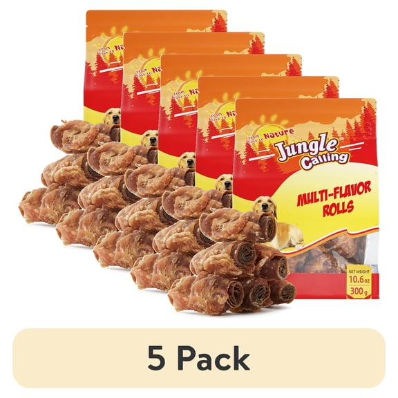 (5 pack) Jungle Calling Multi Flavor Rolls Dog Treats, Peanut Butter, Duck, Chicken & Beef, Rawhide Free Dog Snacks