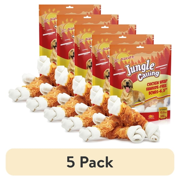 (5 pack) Jungle Calling Rawhide Free Chicken Wrapped Chew Dog Bones for Medium Large Dogs Training Treats