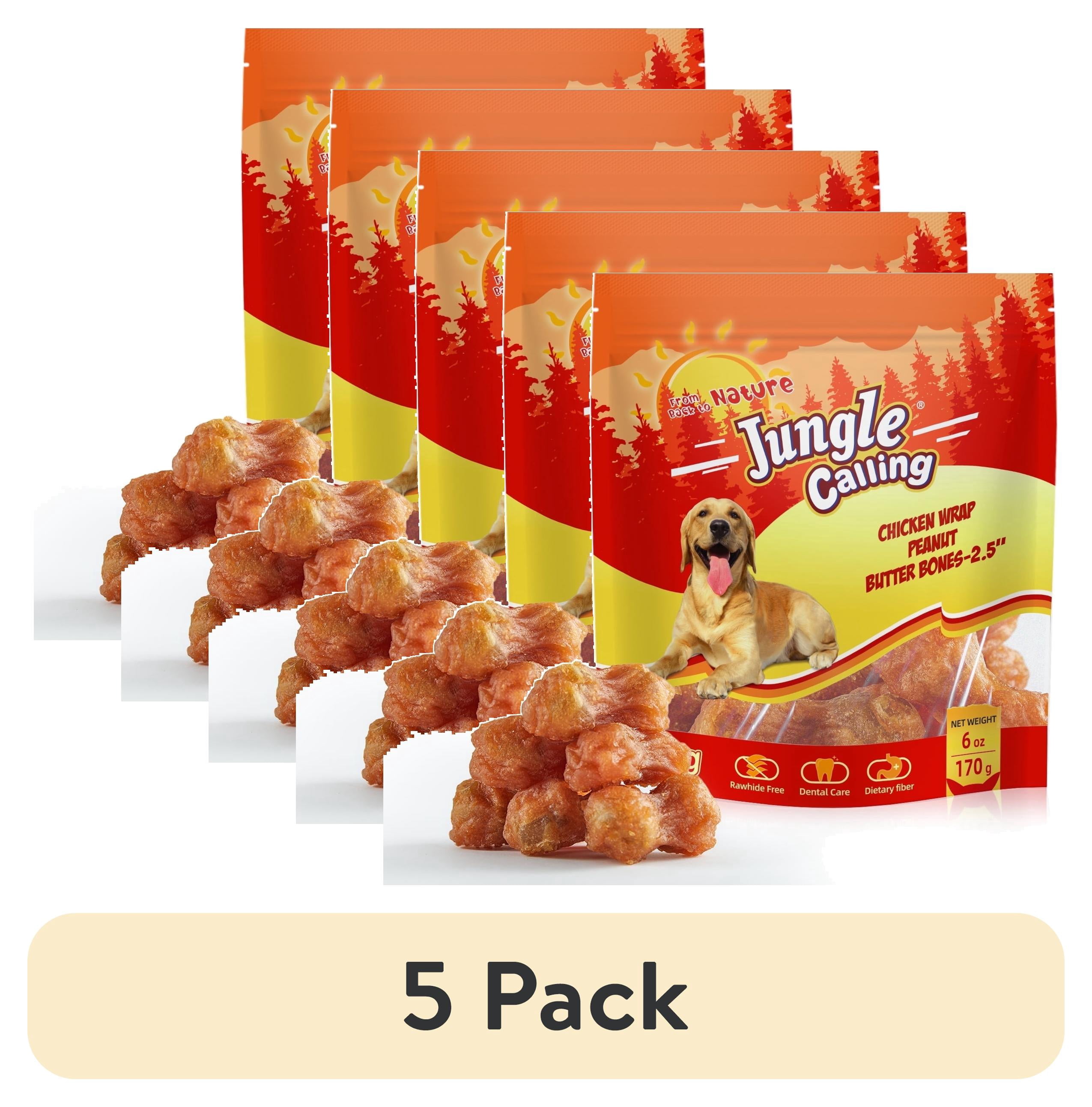 (5 pack) Jungle Calling Rawhide Free Dog Chew Treats, Real Chicken Wrapped Peanut Butter Bones, Teeth Clean Chewy Training Snacks, 6 oz