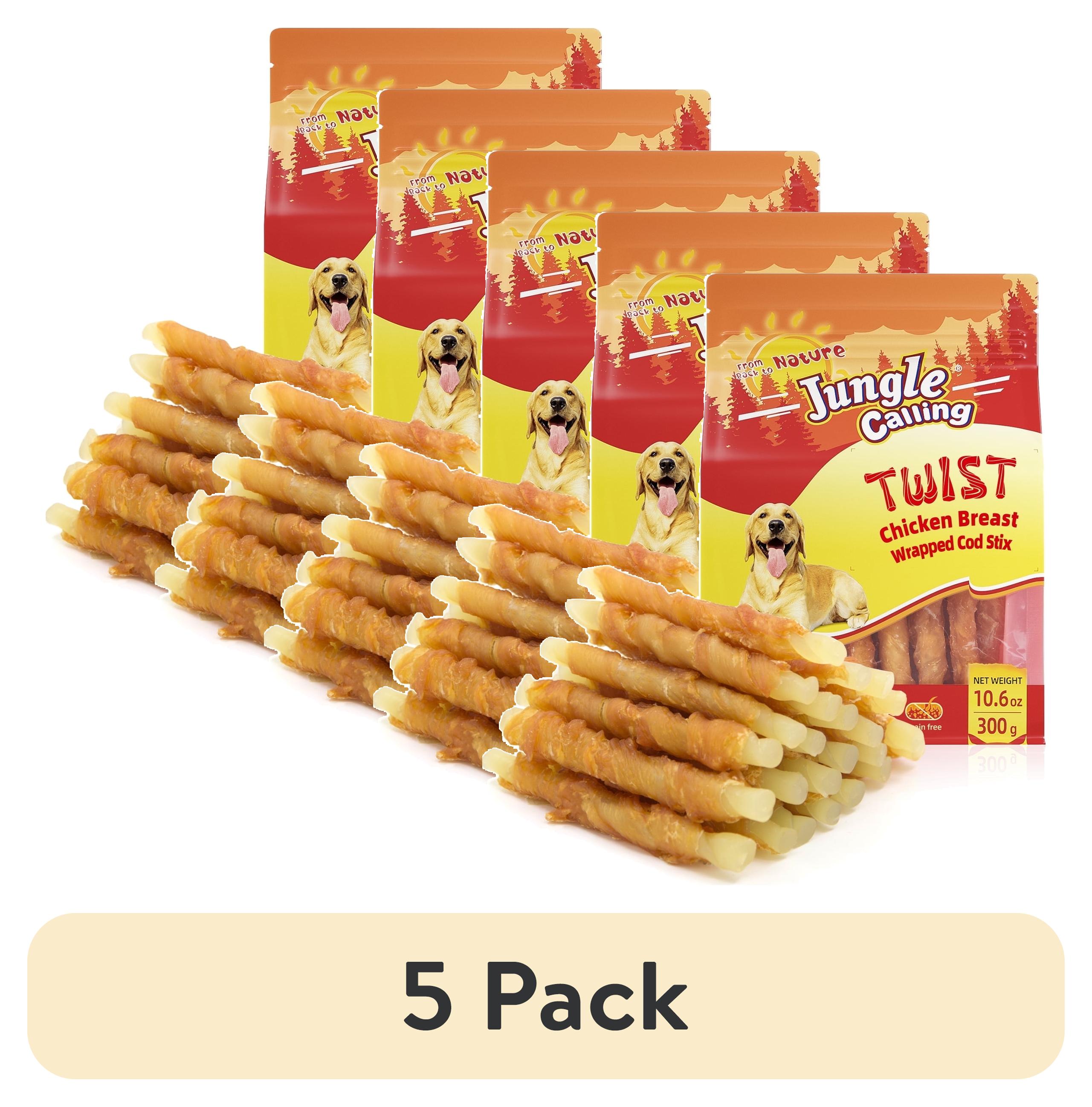 (5 pack) Jungle Calling Rawhide Free Dogs Treats Chicken Wrap Cod Sticks Dog Treats, Soft Chewy Training Treats, 10.6 oz