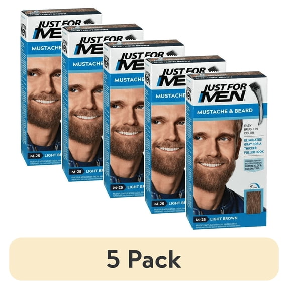 (5 pack) Just For Men Mustache & Beard, Beard Dye for Men with Brush Included for Easy Application, With Keratin Biotin Aloe and Coconut Oil for Healthy Facial Hair - Light Brown, M-25, Pack of 1