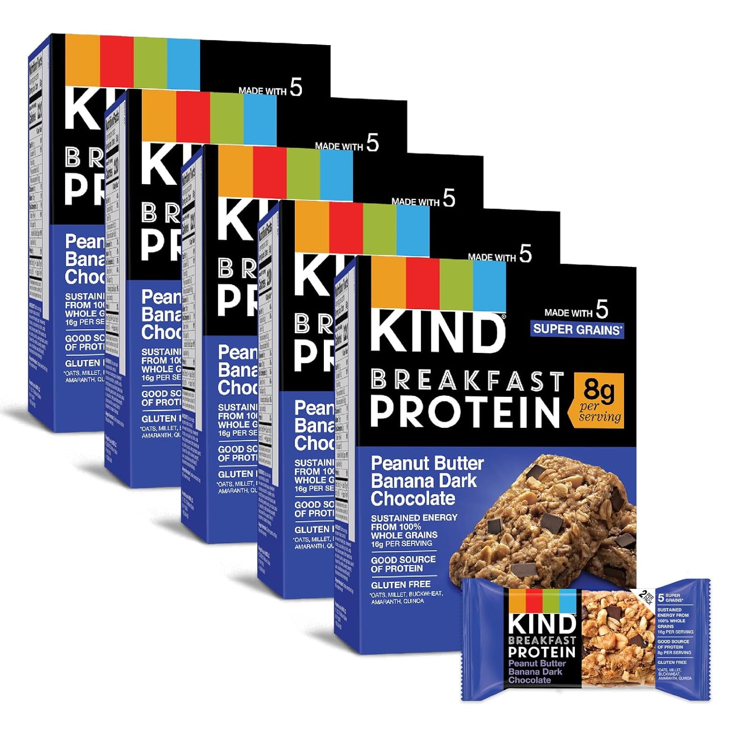 (5 pack) KIND Breakfast Peanut Butter Banana Dark Chocolate Gluten Free Protein Snack Bars, 1.76 oz, 12 Count One box