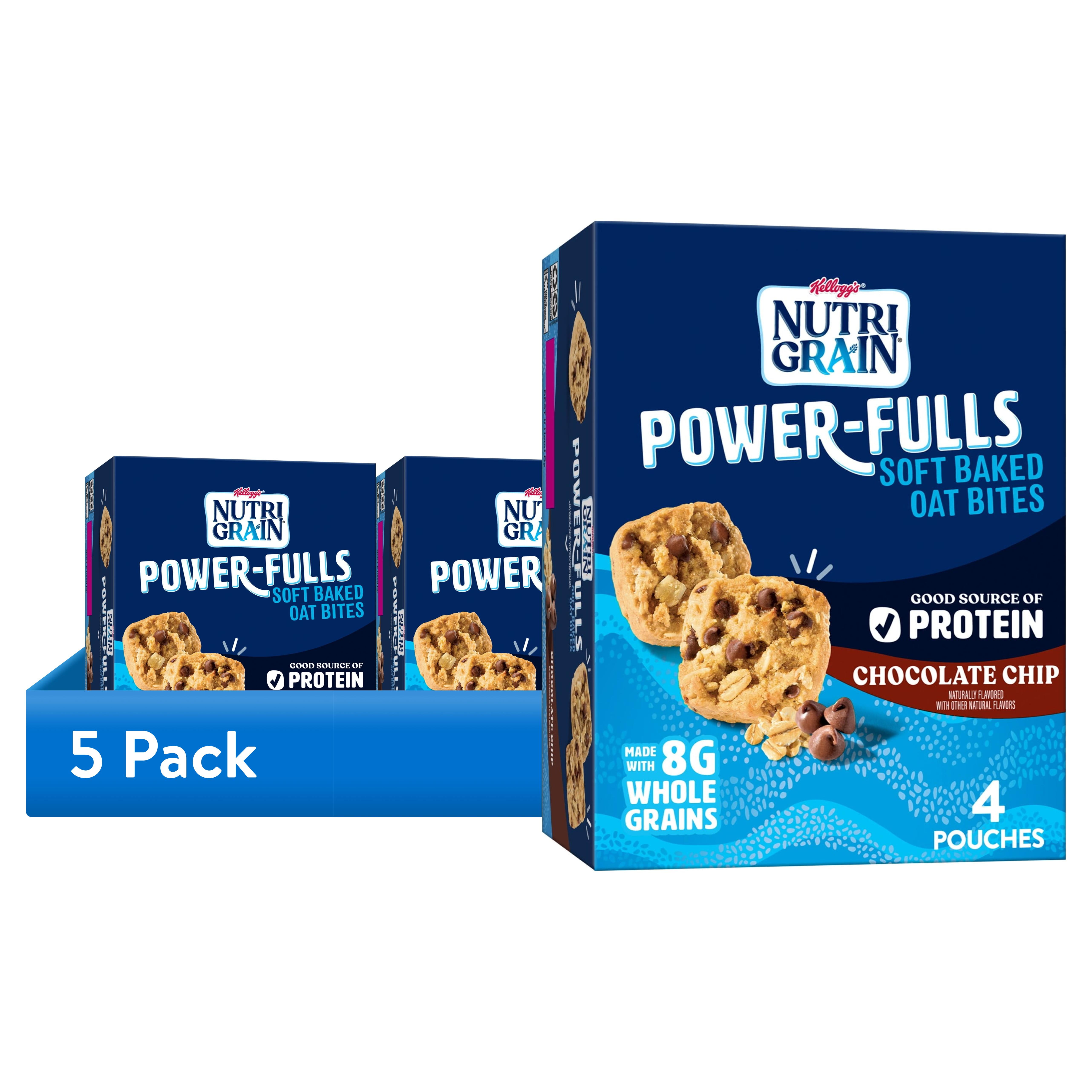 (5 pack) Kellogg's Nutri-Grain Power-Fulls Chocolate Chip Chewy Soft Baked Oat Bites, Protein Snacks, 5.6 oz, 4 Count