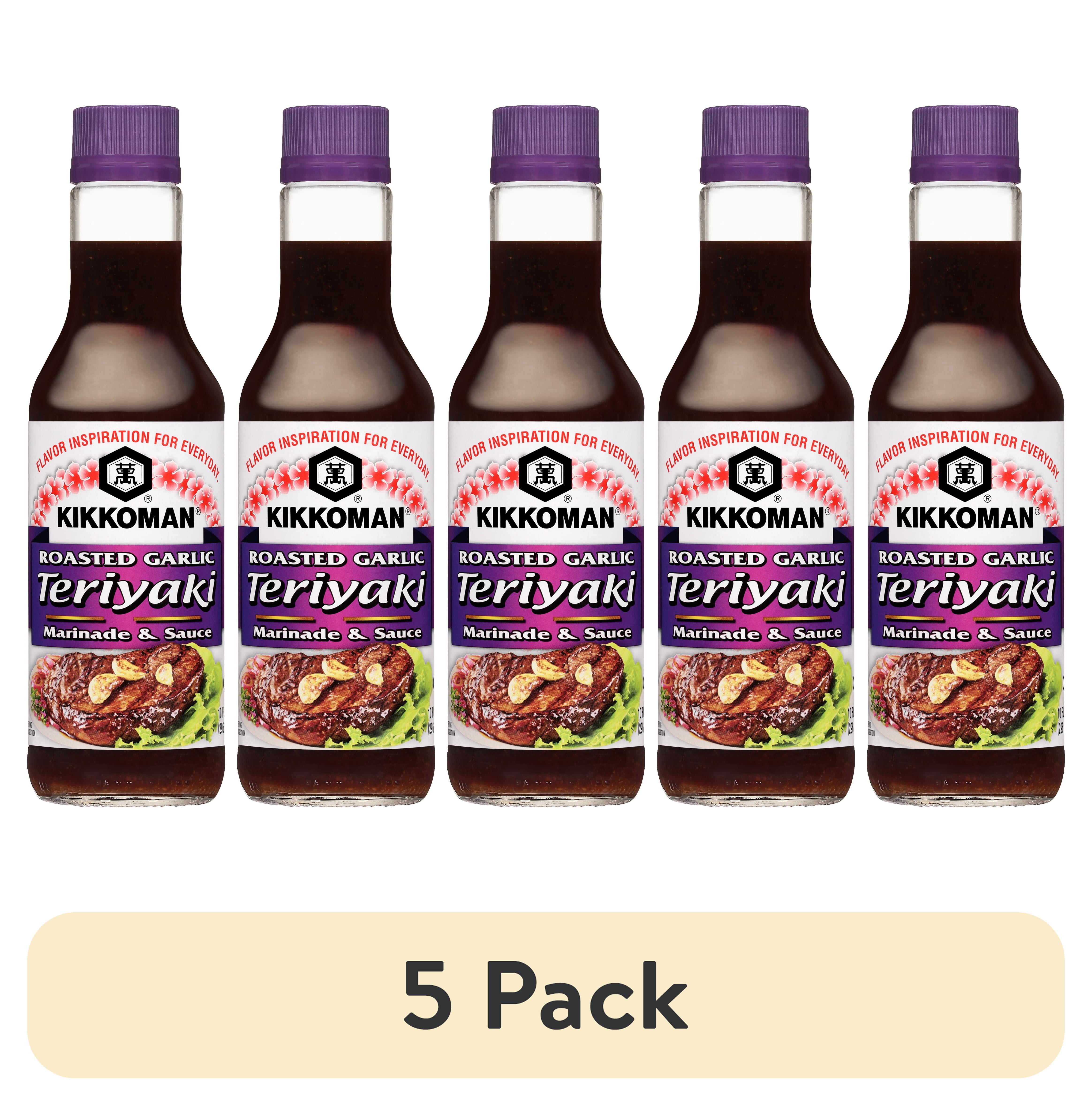 (5 pack) Kikkoman Roasted Garlic Teriyaki Marinade & Sauce, 10 fl oz, 1 Count, Shelf Stable, Glass Bottle