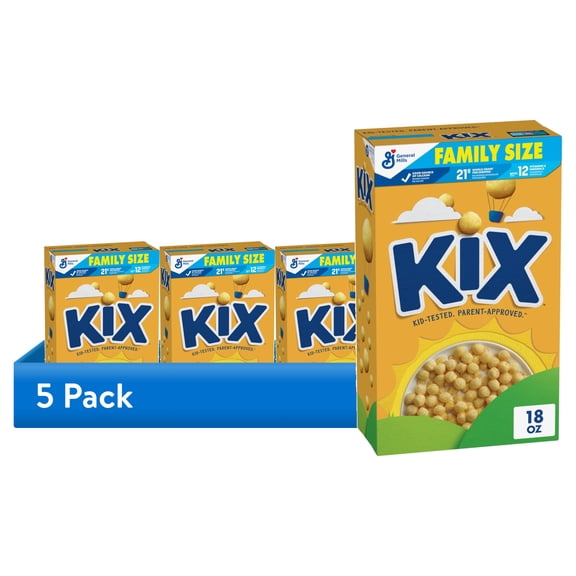 (5 pack) Kix Whole Grain Breakfast Cereal, Crispy Corn Cereal Puffs, Family Size, 18 oz