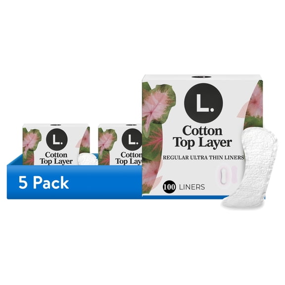 (5 pack) L. Ultra Thin Liners for Women, Regular Coverage, Cotton Top Layer, Unscented Pantiliners, 100 Count