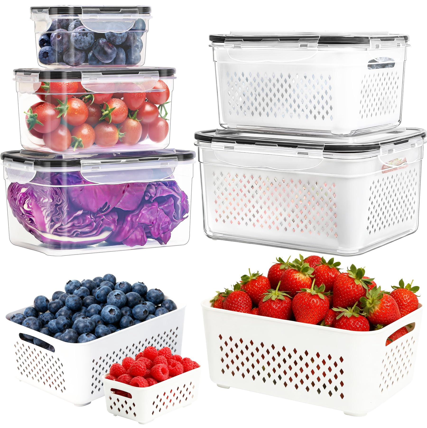 5-pack Large Fruit Storage Containers For Fridge With Removable Colander  2 In 1 Produce Bpa-free Organizers And Keep Fruits Vegetables Berry Fresh Longer