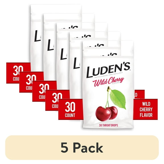 (5 pack) Luden's Sore Throat Drops, For Minor Sore Throat Relief, Wild Cherry, 30 Count