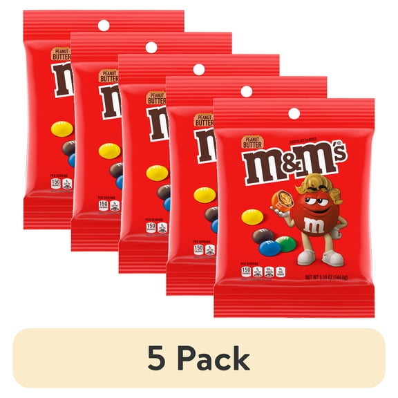 (5 pack) M&M's Peanut Butter Milk Chocolate Candy, 5.1 oz, Plastic Bag