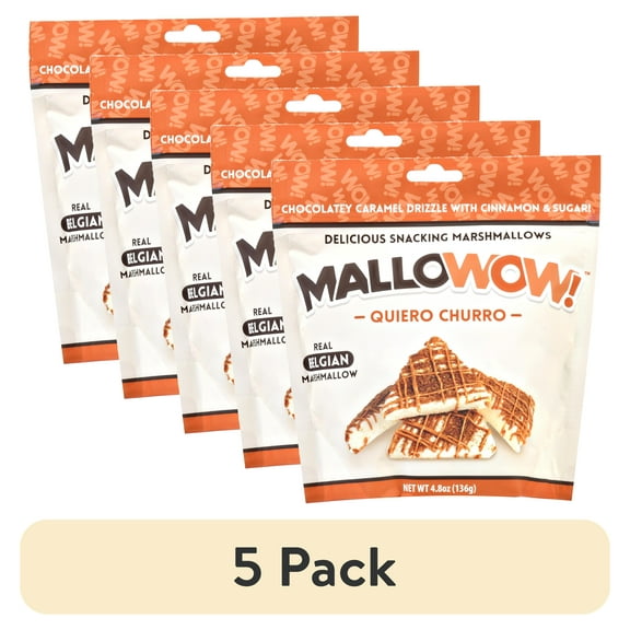 (5 pack) MALLOWOW! Quiero Churro Marshmallow Snacking Treat. Belgium Marshmallow is Drizzled With Chocolate Contains Milk and Soy. Resealable Bag. Ready to Eat.