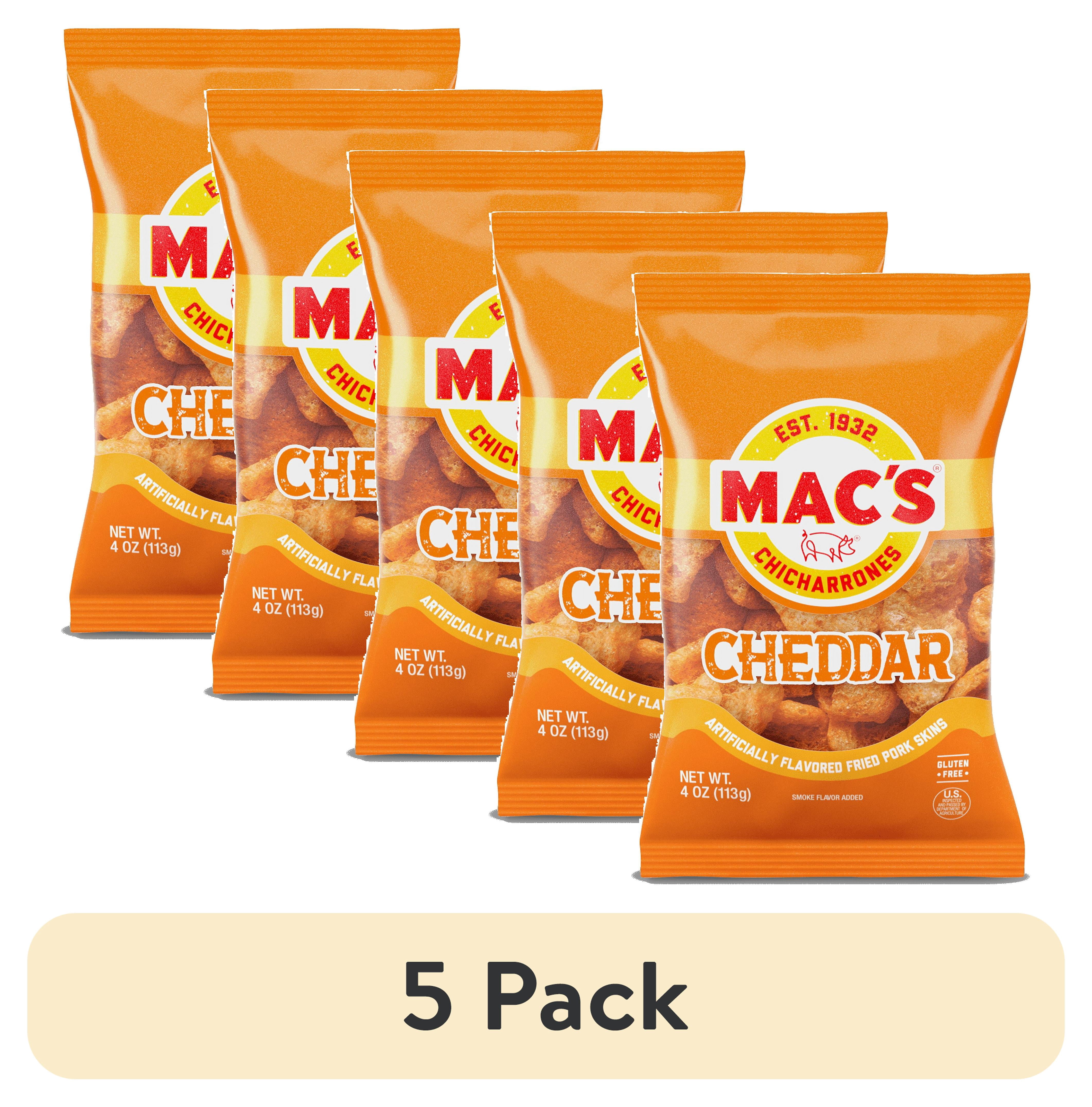 (5 pack) Mac's Chicharrones Cheddar Flavored Pork Rinds, Pork Skins, 4 oz Bag