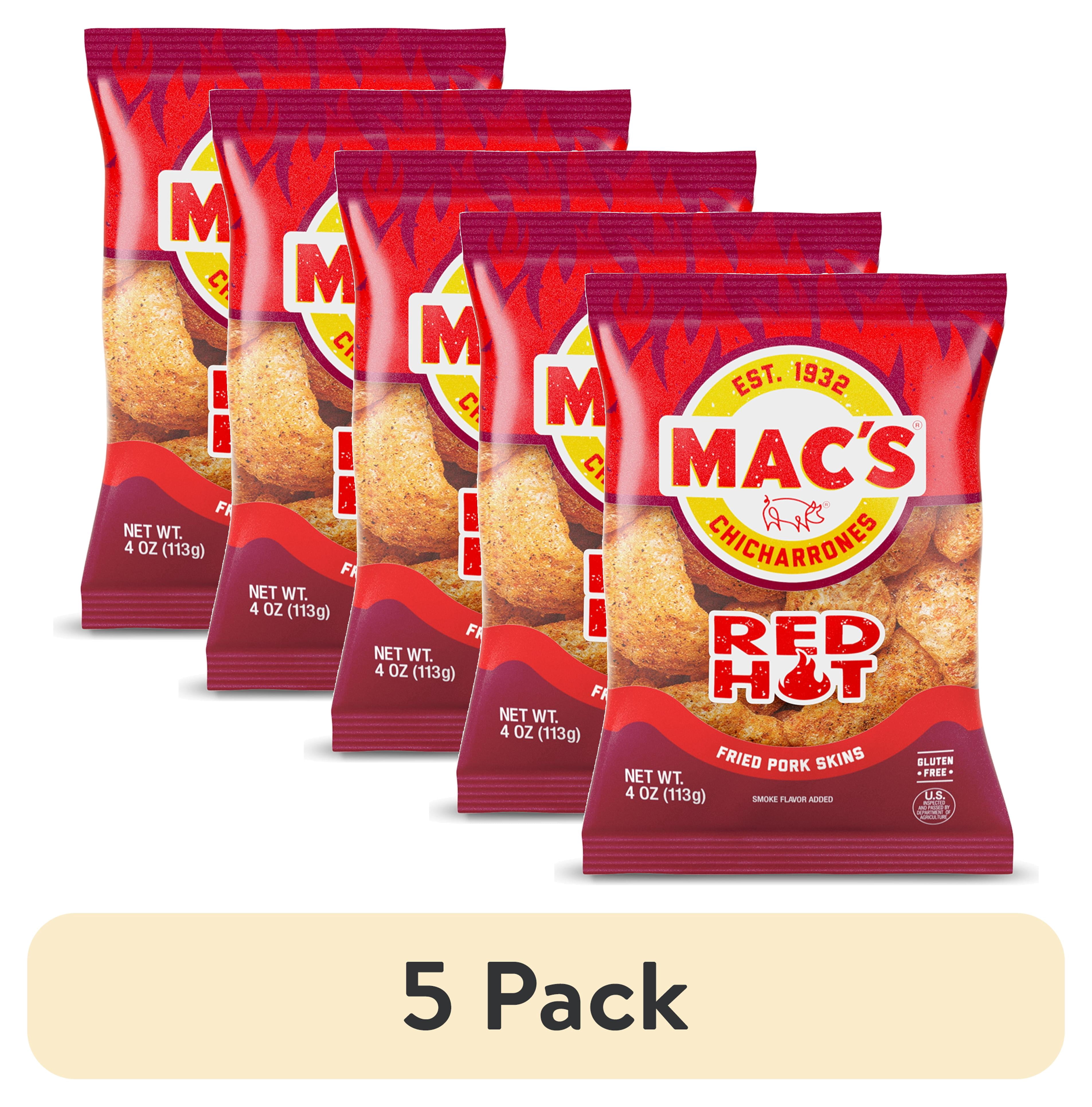 (5 pack) Mac's Hot Chicharrones Pork Rinds, Pork Skins, 4 oz Bag