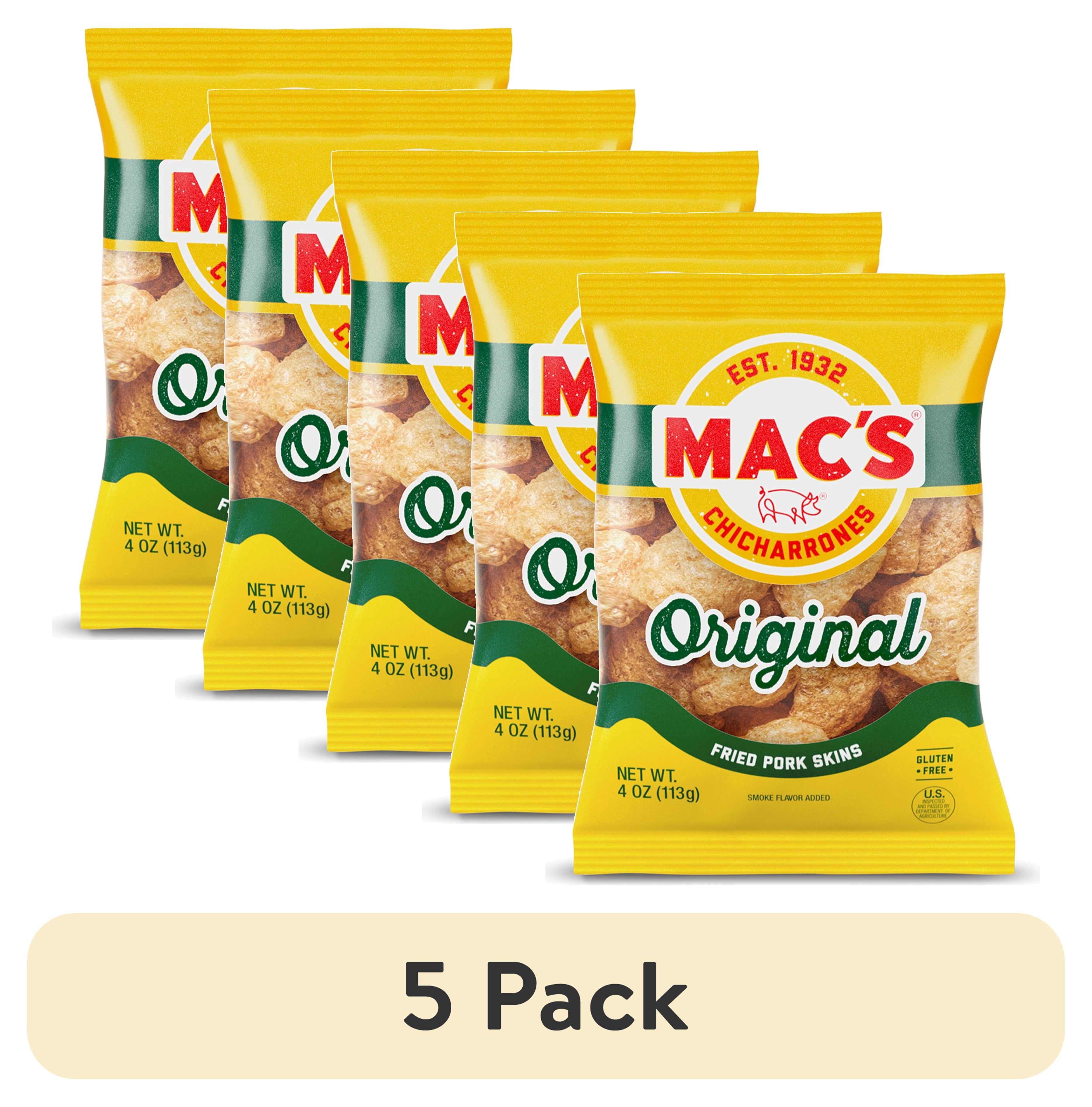 (5 pack) Mac's Original Chicharrones Pork Rinds, Pork Skins, 4 oz Bag
