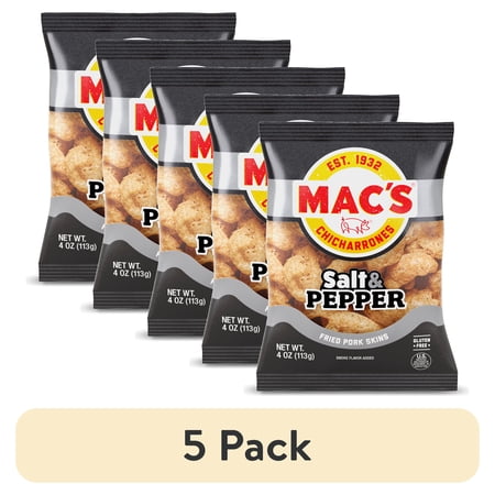 (5 pack) Mac's Salt and Pepper Chicharrones Pork Rinds, Pork Skins, 4 oz Bag