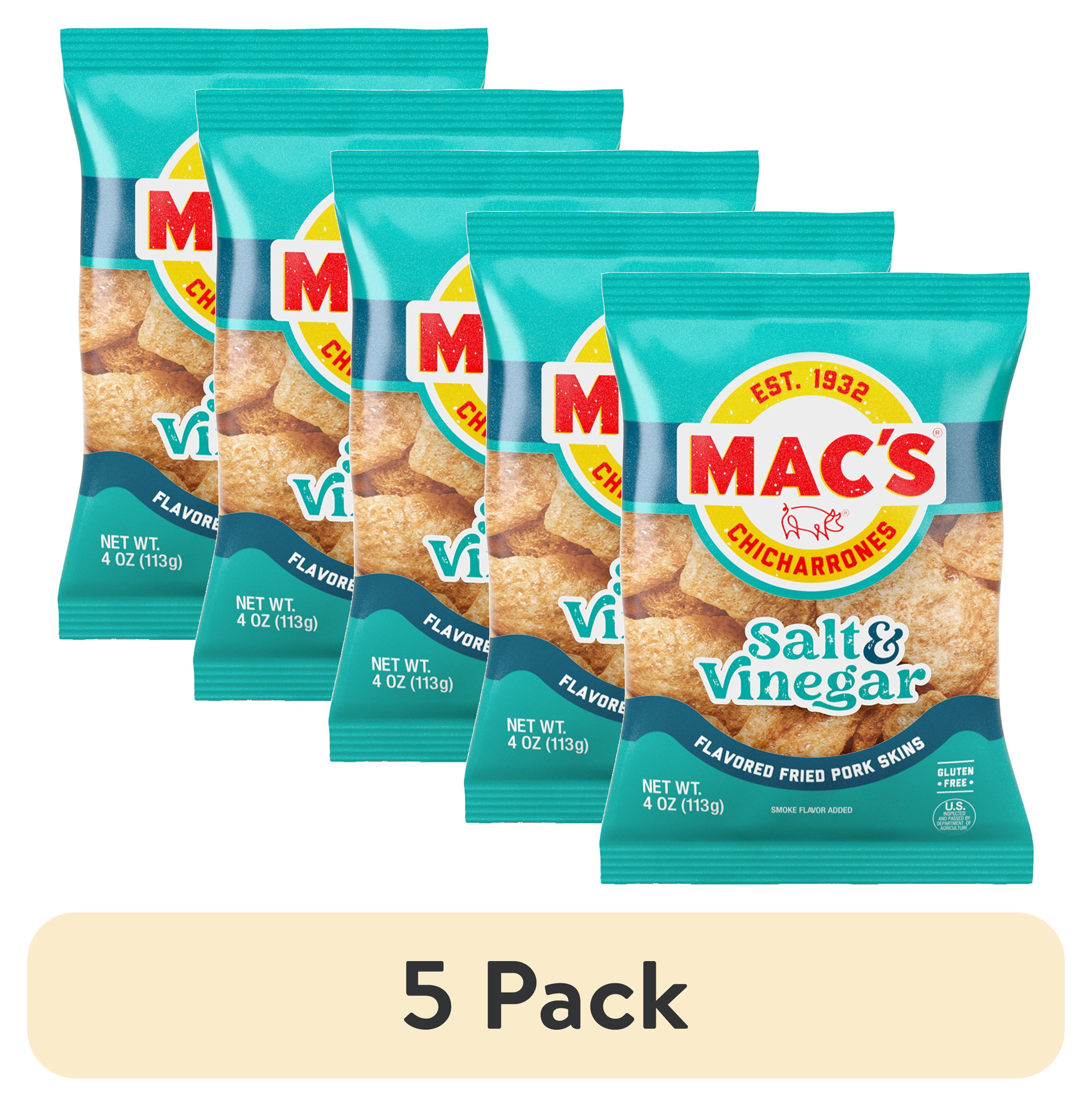 (5 pack) Mac's Salt and Vinegar Chicharrones Pork Rinds, Pork Skins, 4 oz Bag