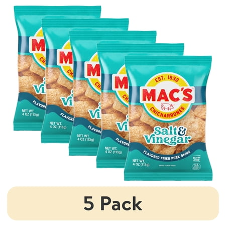 (5 pack) Mac's Salt and Vinegar Chicharrones Pork Rinds, Pork Skins, 4 oz Bag
