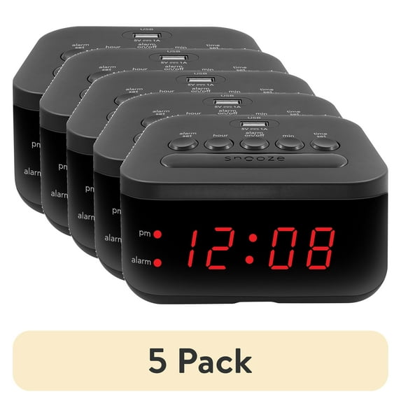 (5 pack) Mainstays Digital Alarm Clock with USB Charge Port, Snooze and Battery Backup, Red LED Display, SPC235