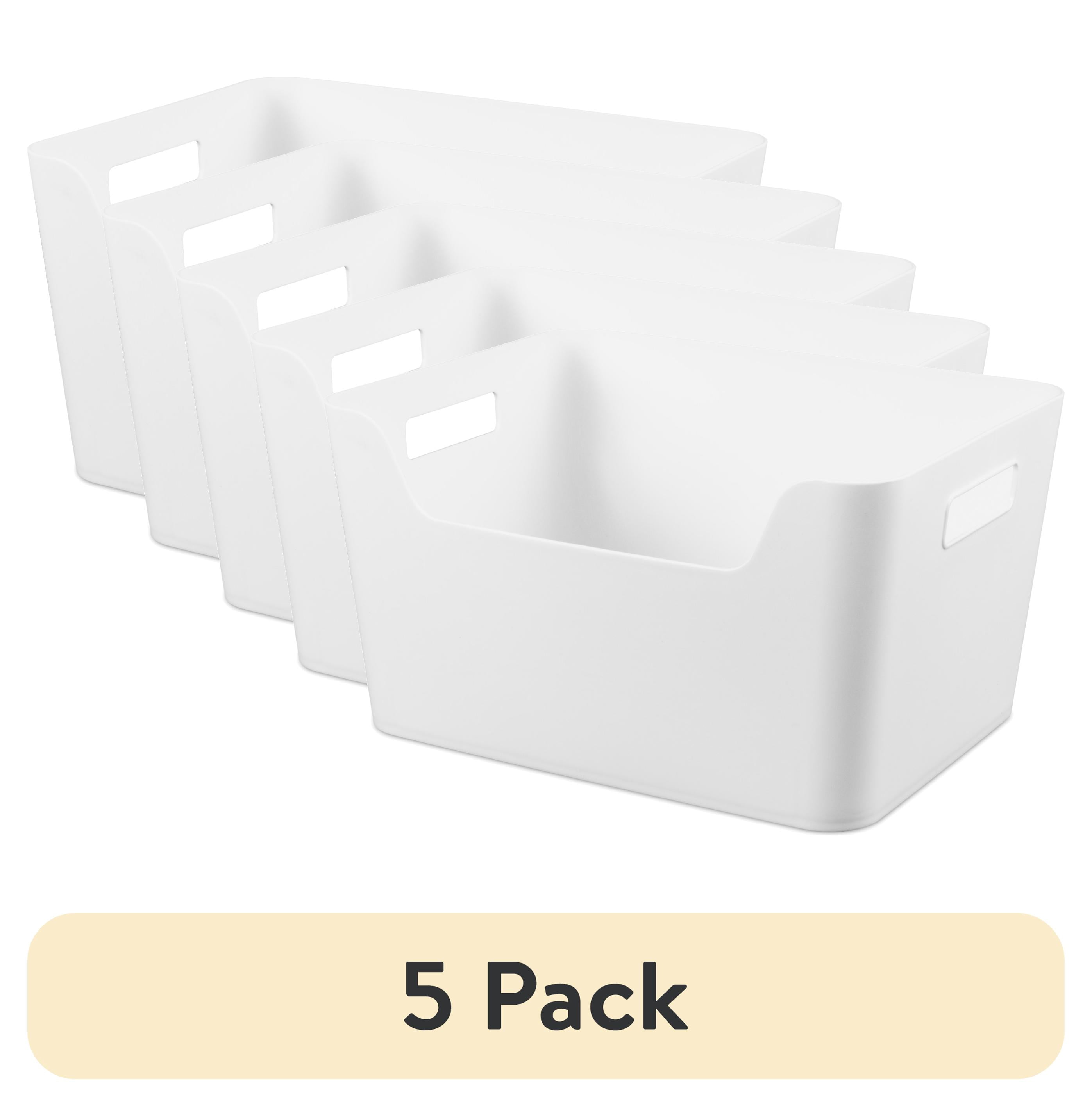 (5 pack) Mainstays Large Easy Access Bin, Versatile Open Plastic Storage Containers, Scoop Front, White