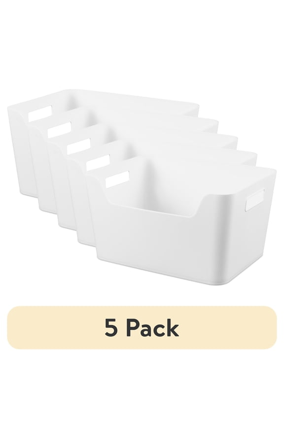 (5 pack) Mainstays Large Easy Access Bin, Versatile Open Plastic Storage Containers, Scoop Front, White