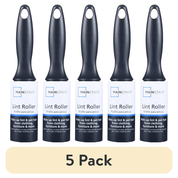 (5 pack) Mainstays Lint Roller, 60 Sheets Easy Tear, Ergonomic Handle, Removes Lint and Pet Hair from Clothing, Furniture, Crafts, Travel