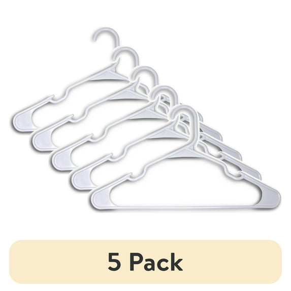 (5 pack) Mainstays Heavyweight Plastic Clothes Hangers, White, 9 Count, Strong Support for Coats & Suits