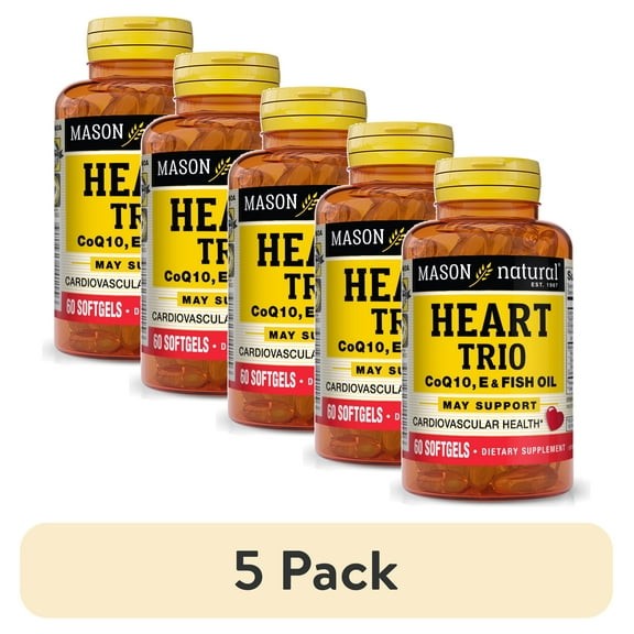 (5 pack) Mason Natural Heart Trio: CoQ10, Vitamin E & Fish Oil - Cardiovascular Health Supplements, 60 Soft Gels
