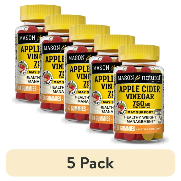 (5 pack) Mason Natural Apple Cider Vinegar 750 mg - Healthy Weight Management, All Natural Detoxification, Gelatin Free, Kosher, Apple Flavor, 60 Gummies