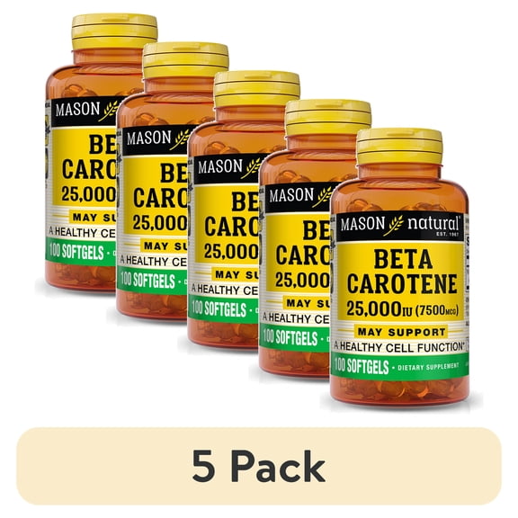 (5 pack) Mason Natural Beta Carotene, 7,500 mcg (25,000 IU), Antioxidant, Supports Immunity, 100 Softgels