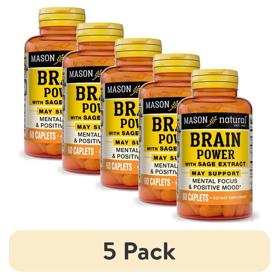 (5 pack) Mason Natural Brain Power with Sage Extract, Focus and Positive Mood Support, 60 Caplets