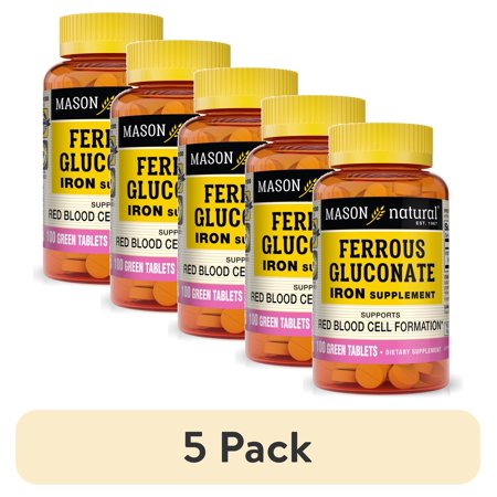 (5 pack) Mason Natural Iron Supplement Ferrous Gluconate 27 mg, 100 Tabs