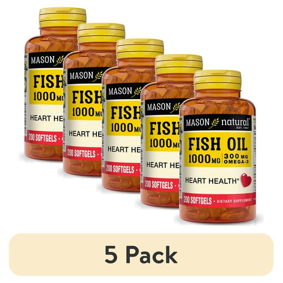 (5 pack) Mason Natural Fish Oil 1,000 mg, Healthy Heart Support, 200 Softgels