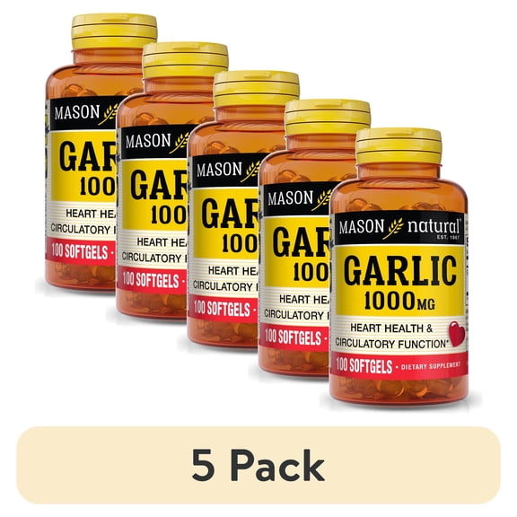 (5 pack) Mason Natural Garlic 1000 mg - Healthy Heart, Supports Circulatory Function, Improved Cardiovascular Health, 100 Softgels