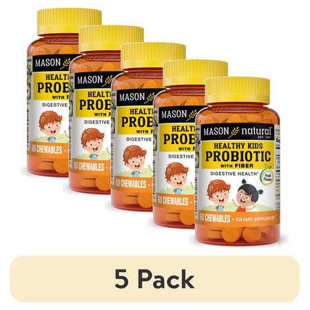 (5 pack) Mason Natural Healthy Kids Probiotic with Fiber, Supports Digestive Health , Fibersol 1000 mg, 60 Chewables