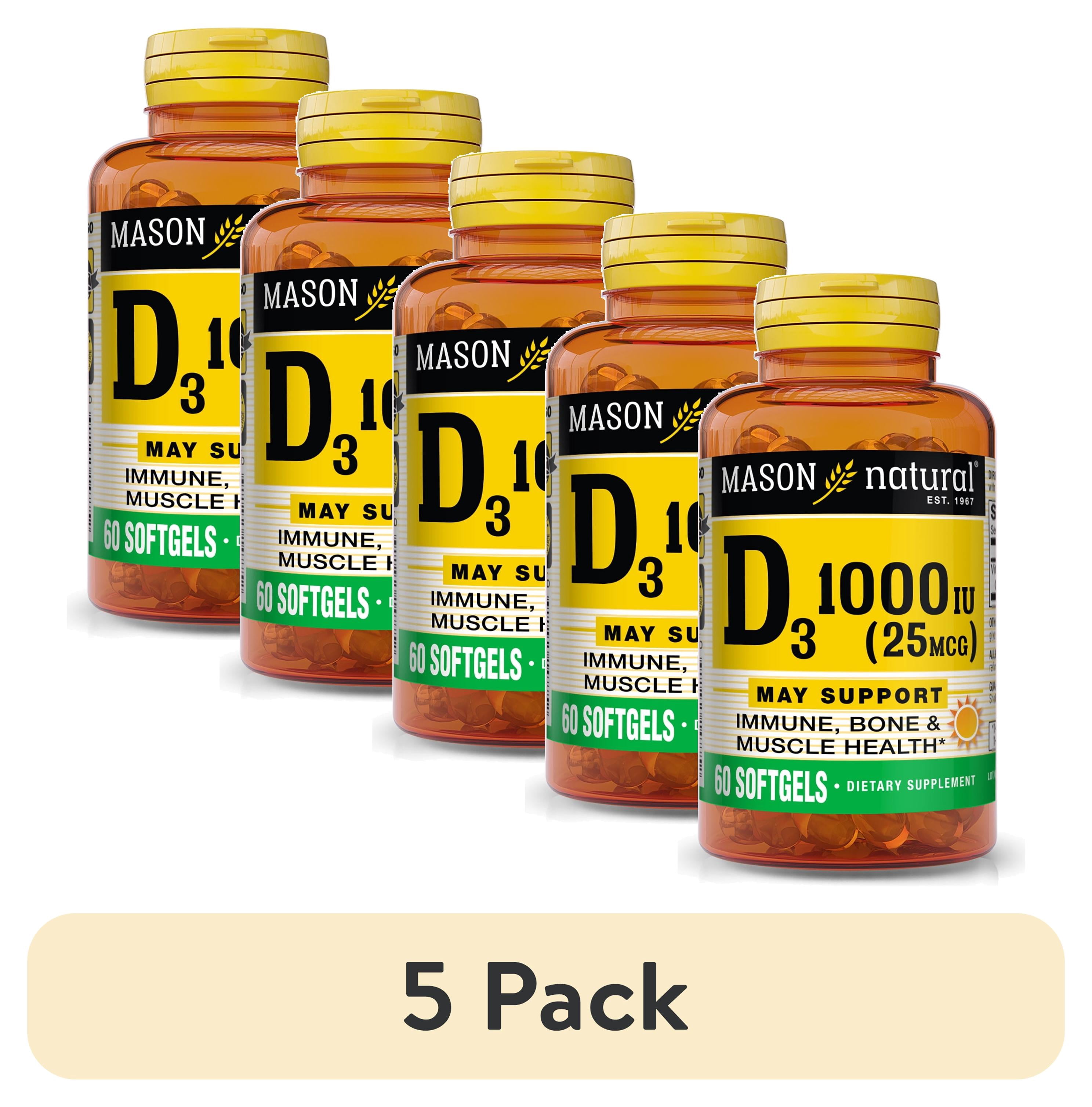 (5 pack) Mason Natural Vitamin D3 - Strengthens Bones and Muscles, 60 Softgels, 60 Count