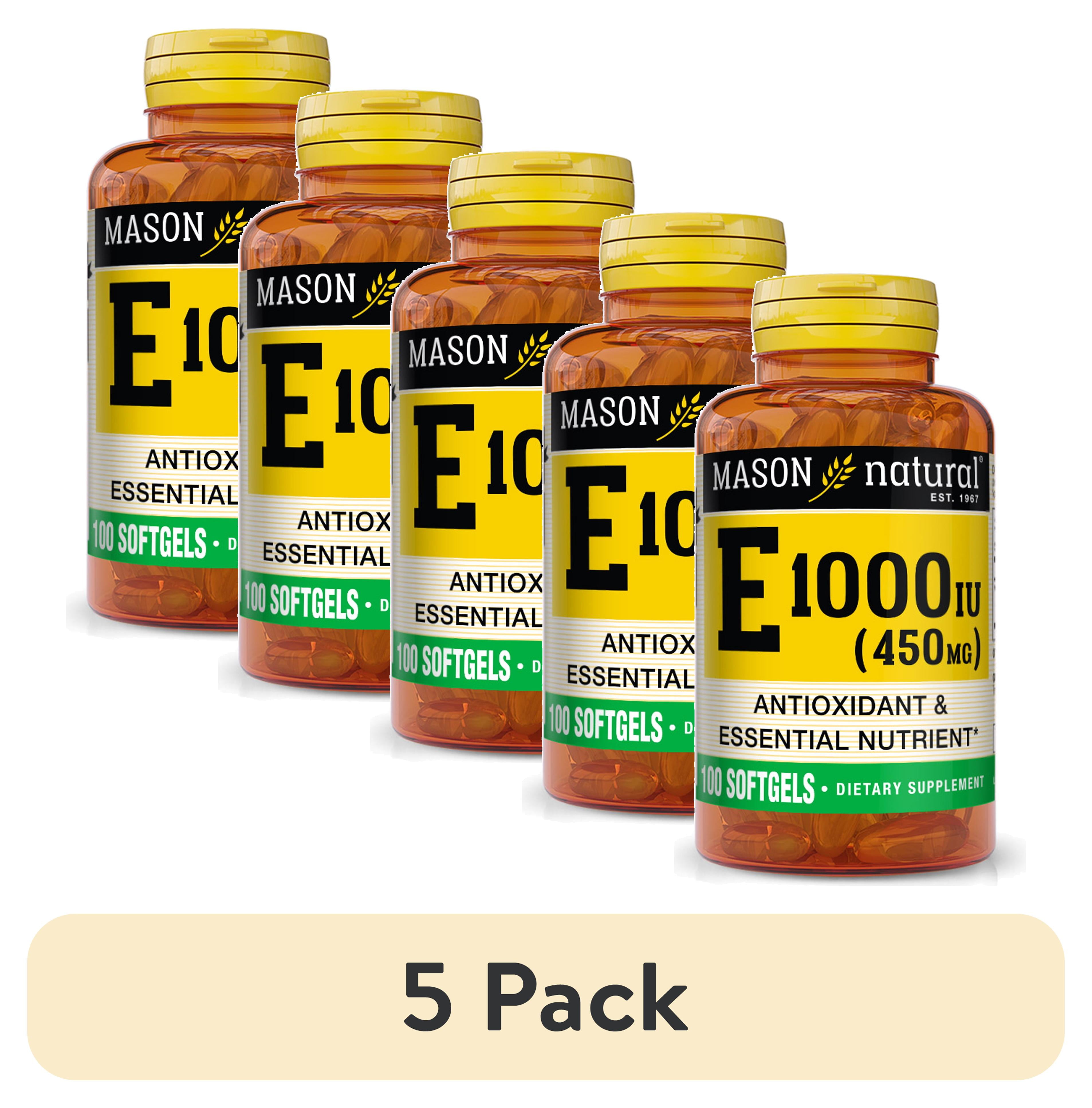 (5 pack) Mason Natural Vitamin E 450 mg (1,000 IU), Supports Immune System, Heart &amp; Skin Health, 100 Softgels